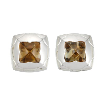 Lot 905 - Pair of White Gold and Cabochon Citrine Earclips, Bulgari
