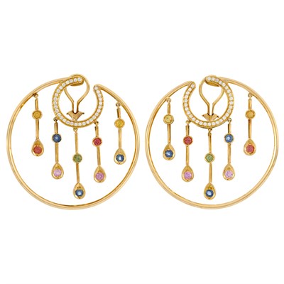 Lot 826 - Pair of Gold, Diamond and Multicolored Sapphire Hoop Earclips