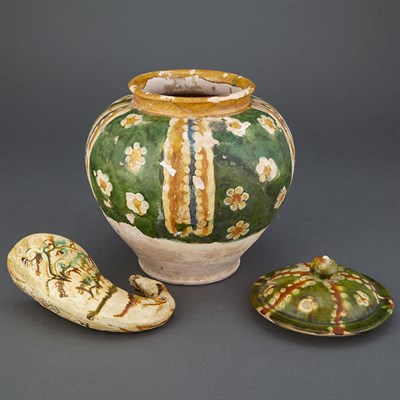 Lot 79 - Chinese Sancai Glazed Pottery Covered Jar Tang...