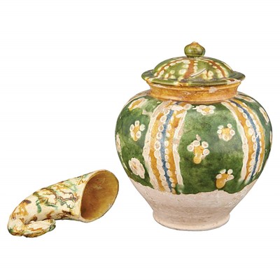 Lot 79 - Chinese Sancai Glazed Pottery Covered Jar Tang...