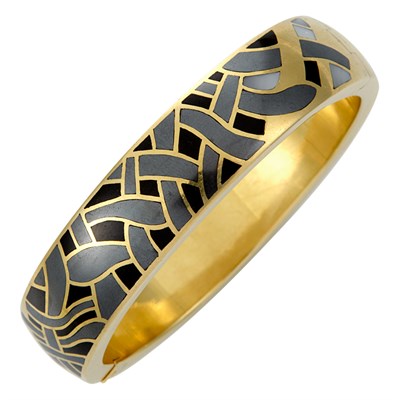Lot 17 - Gold, Hematite, Black Jade and Mother-of-Pearl Bangle Bracelet, Tiffany & Co.
