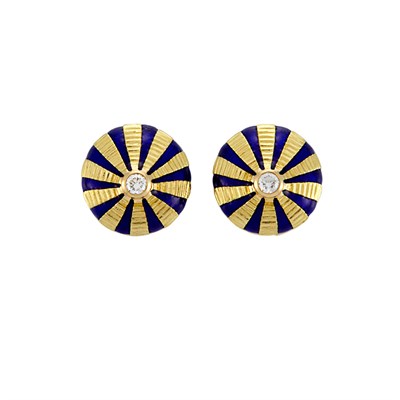 Lot 391 - Pair of Gold, Diamond and Blue Enamel Earclips, Tiffany & Co., Schlumberger