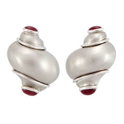 Lot 195 - Pair of White Gold and Cabochon Ruby Shell Earclips, Seaman Schepps