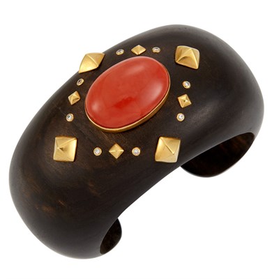 Lot 32 - Wood, Gold and Coral Cuff Bangle Bracelet, Trianon