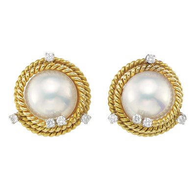 Lot 198 - Pair of Gold, Platinum, Mabe Pearl and Diamond Earclips, Tiffany & Co., Schlumberger