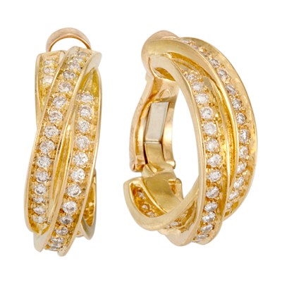 Lot 18 - Pair of Gold and Diamond 'Trinity' Hoop Earrings, Cartier, France