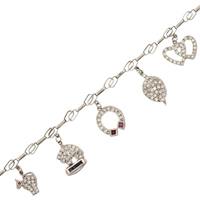 Lot 763 - Art Deco Platinum, Diamond and Gem-Set Charm Bracelet