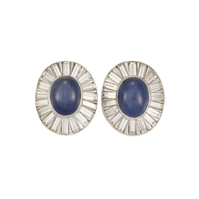 Lot 450 - Pair of Platinum, Star Sapphire and Diamond Earclips