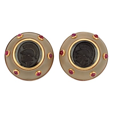 Lot 656 - Pair of Gold, Carved Black Onyx, Frosted Rock Crystal and Cabochon Ruby Earclips