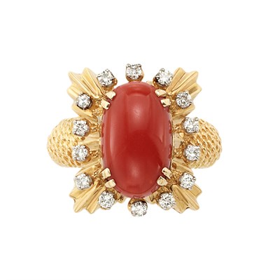 Lot 33 - Gold, Oxblood Coral and Diamond Ring