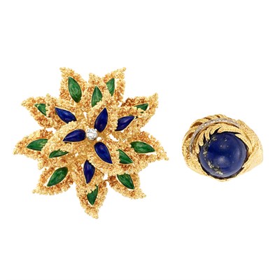 Lot 9 - Gold, Green and Blue Enamel and Diamond Flower Brooch and Gold, Lapis and Diamond Ring
