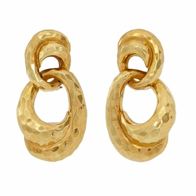 Lot 283 - Pair of Hammered Gold Pendant-Earclips, Henry Dunay