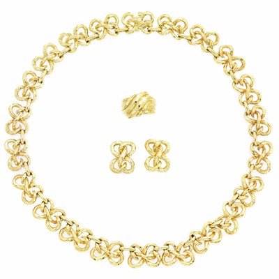 Lot 284 - Hammered Gold Necklace, Pair of Earrings and Ring, Henry Dunay