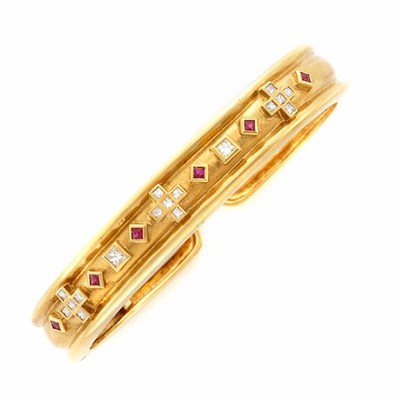 Lot 309 - Gold, Diamond and Ruby Bangle Bracelet