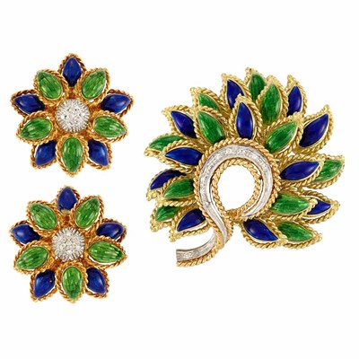 Lot 712 - Gold, Green and Blue Enamel and Diamond Brooch & Pair of Earclips