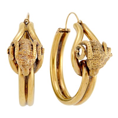 Lot 89 - Pair of Antique Gold Ram's Head Hoop Earrings