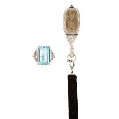 Lot 485 - Platinum, Diamond and Synthetic Sapphire Pendant-Watch with Black Gross Grain Ribbon and Platinum, Aquamarine and Diamond Ring