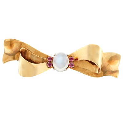 Lot 512 - Gold, Moonstone and Ruby Bow Brooch, Tiffany & Co.