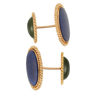 Lot 780 - Pair of Gold, Lapis and Nephrite Cufflinks, Cartier