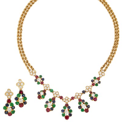 Lot 515 - Double Strand Gold, Diamond and Gem-Set Necklace and Pair of Pendant-Earrings, Boucheron