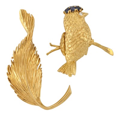 Lot 72 - Gold Leaf Clip-Brooch, Van Cleef & Arpels, France, and Gold and Sapphire Bird Brooch, Tiffany & Co.