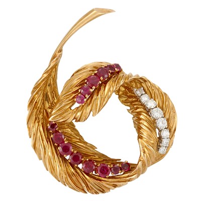 Lot 317 - Gold, Platinum, Diamond and Ruby Leaf Clip-Brooch, Van Cleef & Arpels, France