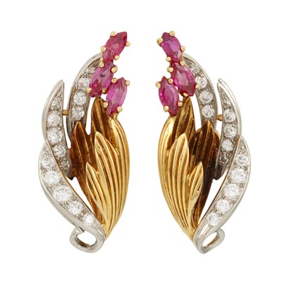Lot 316 - Pair of Gold, Platinum, Diamond and Ruby Earclips, Kutchinsky