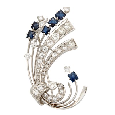 Lot 475 - White Gold, Diamond and Sapphire Ribbon Brooch