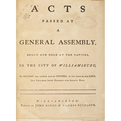 Lot 33 - [VIRGINIA - REVOLUTION] Acts passed at a...