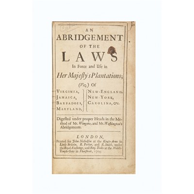 Lot 3 - [PLANTATION LAW] An Abridgement of the Laws in...
