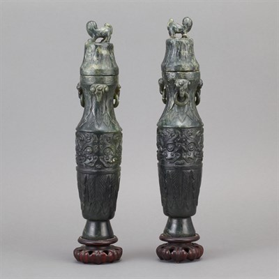 Lot 73 - Pair of Chinese Spinach Green Jade Vases 19th...