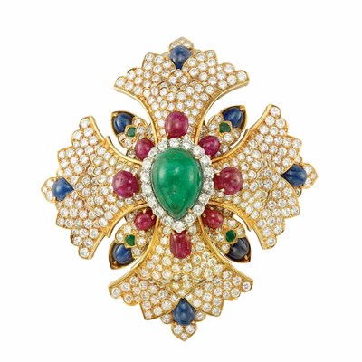 Lot 376 - Gold, Platinum, Cabochon Colored Stone and Diamond Maltese Cross Clip-Brooch, David Webb