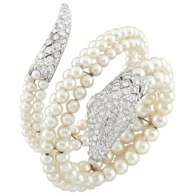 Lot 364 - Cultured Pearl, Platinum and Diamond Coiled Snake Bracelet