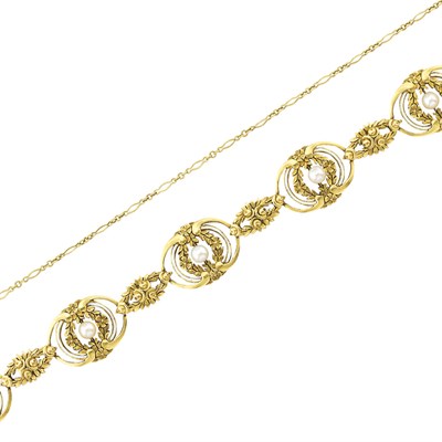 Lot 54 - Antique Gold, Button Pearl and White Enamel Necklace/Bracelet Combination, France
