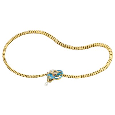 Lot 295 - Antique Gold, Turquoise Enamel, Split Pearl, Cabochon Garnet and Cultured Pearl Necklace