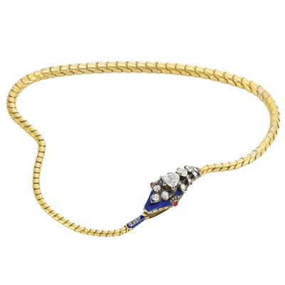 Lot 300 - Antique Gold, Silver, Diamond and Blue Enamel Snake Necklace