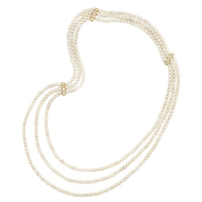 Lot 332 - Triple Strand Natural Pearl, Gold and Diamond Necklace