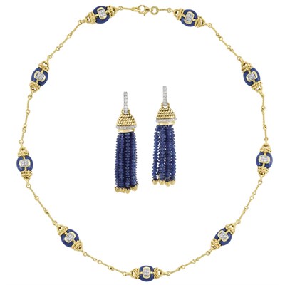 Lot 195 - Gold, Sapphire Bead and Diamond Chain Necklace and Pair of Fringe Earrings, Cassis