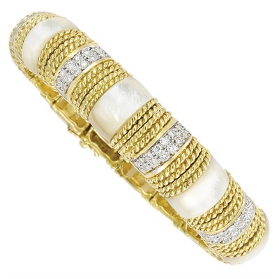 Lot 76 - Gold, Mother-of-Pearl and Diamond Bangle Bracelet