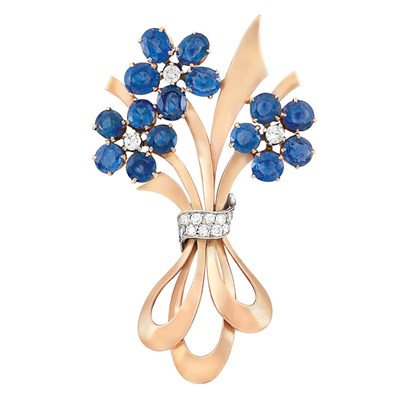 Lot 61 - Rose Gold, Platinum, Sapphire and Diamond Brooch