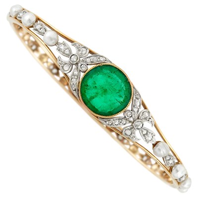 Lot 328 - Antique Gold, Platinum, Emerald, Diamond and Freshwater Pearl Bangle Bracelet, Black, Starr & Frost