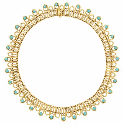 Lot 221 - Gold and Cabochon Turquoise Necklace