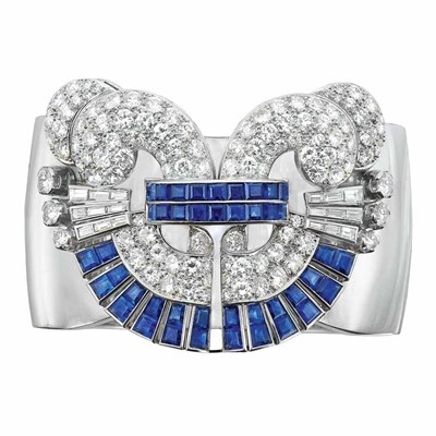 Lot 105 - Platinum, White Gold, Diamond and Sapphire Cuff Bangle Bracelet