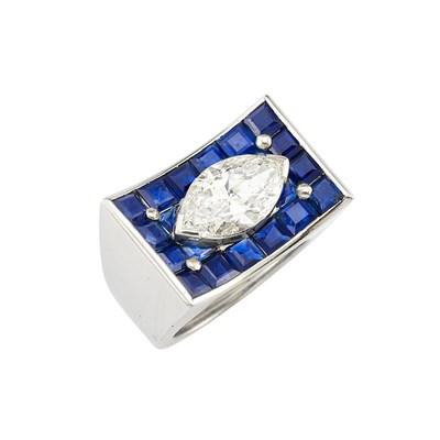 Lot 104 - Platinum, Diamond and Invisibly-Set Sapphire Ring
