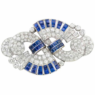 Lot 102 - Platinum, White Gold, Diamond and Sapphire Double Clip-Brooch