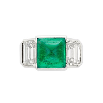 Lot 101 - Platinum, Cabochon Emerald and Diamond Ring