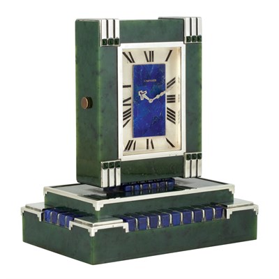 Lot 108 - Art Deco Silver, Nephrite Jade and Lapis Dual Dial Partners Clock, Cartier, France, European Watch & Clock Co., France