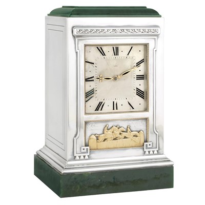 Lot 107 - Silver, Gold and Nephrite Jade Mantel Clock, Cartier, European Watch & Clock Co., Inc., France
