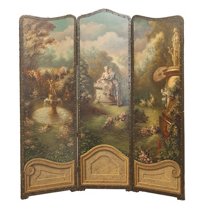 Lot 375 - Painted Canvas Three-Panel Screen Height 59...