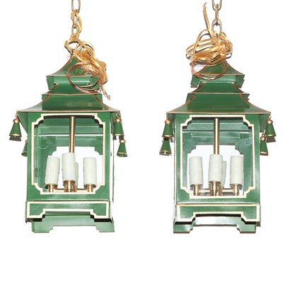 Lot 580 - Pair of Green Painted Tole Pagoda-Form...